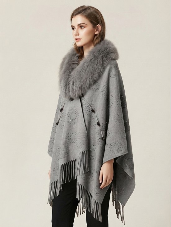 Cashmere Cape W/ Faux Fur and Rhinestones